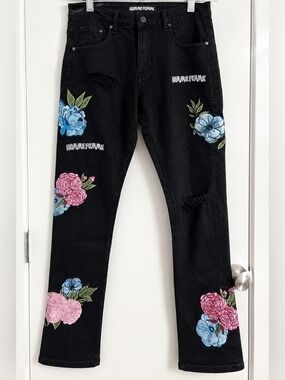 Homme Femme Floral Embroidered Distressed Straight Jeans NWT Size 30